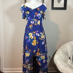 NWT By & By high low dress, blue with floral design